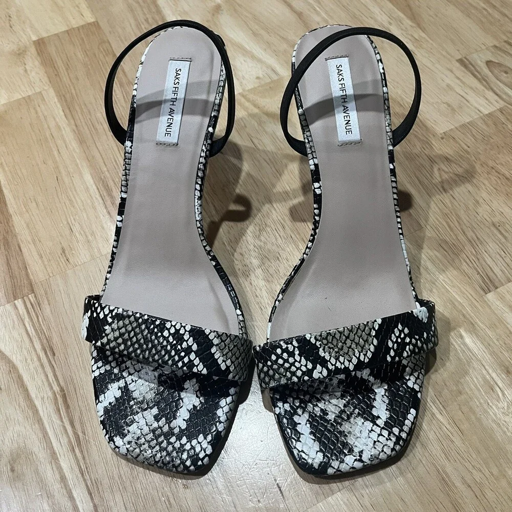 Saks Fifth Ave Women’s Black Snakeskin Leather Strappy Slingback Sandal 9‎